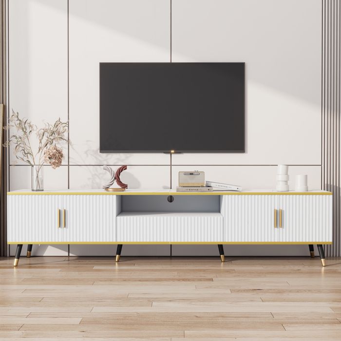 Meuble TV blanc effet marbre 200 cm pour écran 90 pouces banc TV bas moderne avec portes et tiroir pieds dorés