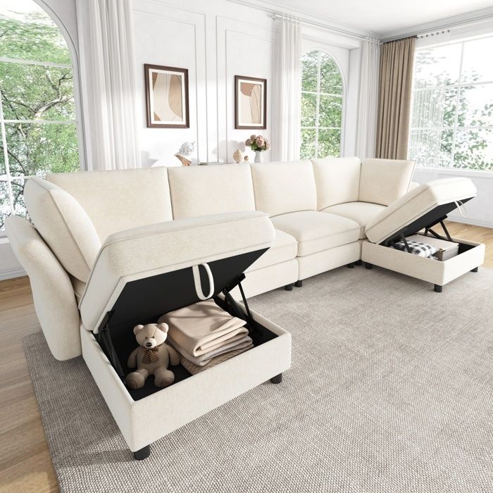 Bladez - Canapé dangle modulable 6 places en U en chenille avec 2 poufs coffres accoudoirs incurvés assise moelleuse - Beige