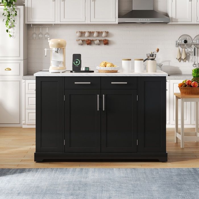 Ilot Central de Cuisine - 138x86x92cm- Desserte de Cuisine avec Plateau Marbre Prises Roulettes et poubelle - Noir