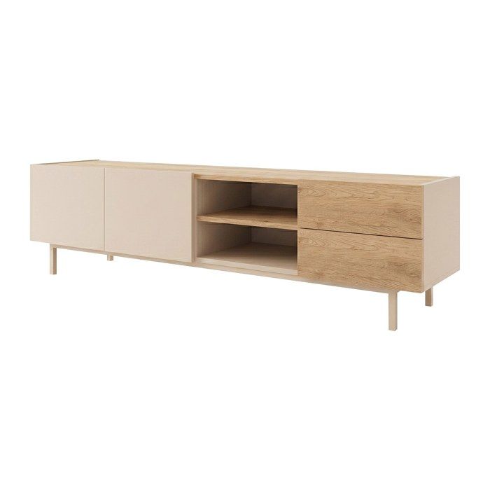 Meuble TV avec 2 portes 2 tiroirs et 2 niches - Beige et naturel clair - REYALA