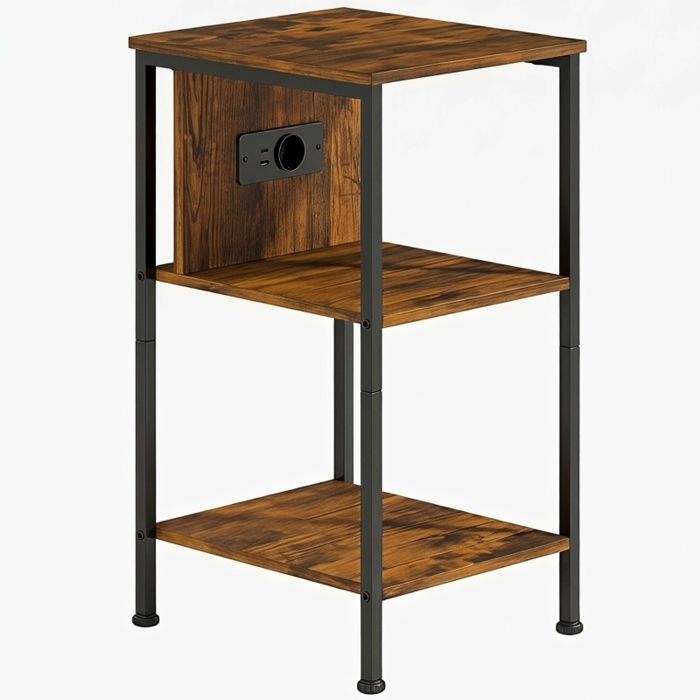 Table dAppoint avec Station de Charge et 2 Étagères Ouvertes Bout de Canapé Effet Bois Cadre en Acier Noir