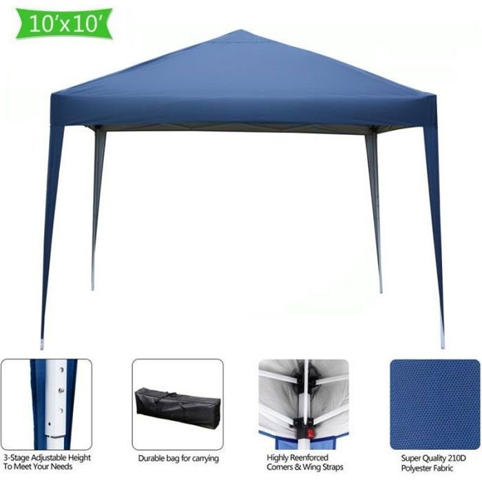 Tonnelle De Jardin Pliante 3x3 Mètres - 3 Hauteurs Réglables (234-256 Cm), Bâche Amovible, Sac De Transport à Roulettes