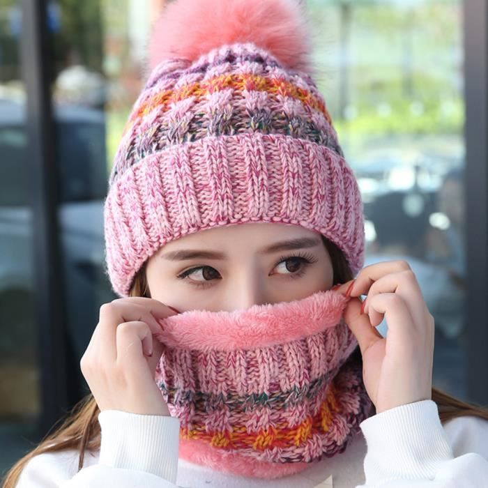 2PC Bonnet De Laine Tour De Cou Ensemble Femme Aimable Avec Pompon De Fourrure Garcon Peluche Homme Epais Hiver Automne Fille Rose Cdiscount Pret a Porter