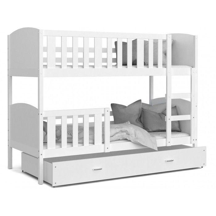 Lit Superposé Tomy 90x200 Blanc - blanc Livré avec sommiers, tiroir et matelas en mousse de 7cm 90 x 200 cm Blanc - Blanc