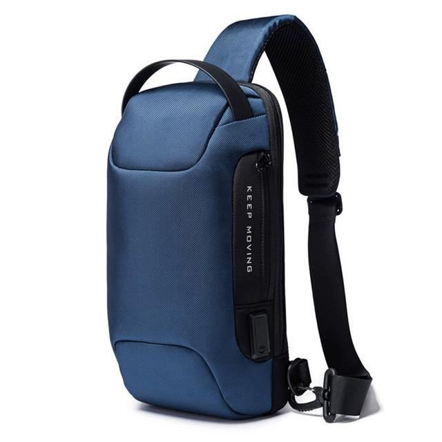 Sacoche Bandouliere Antivol Imperméable pour Sport Voyage Homme Sac de Poitrine avec Port de Charge USB Verrou Mot Passe Bleu