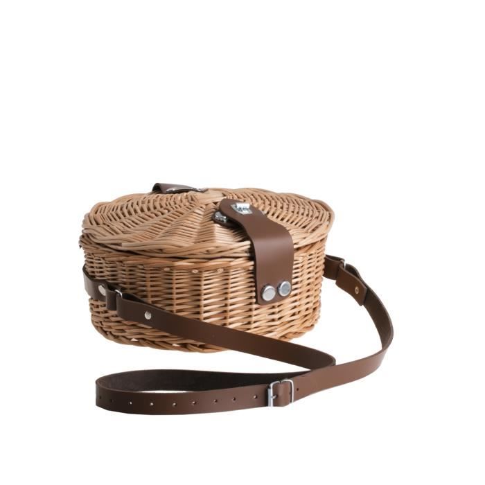 Panier en osier rond avec anses et fermeture en cuir sacs main