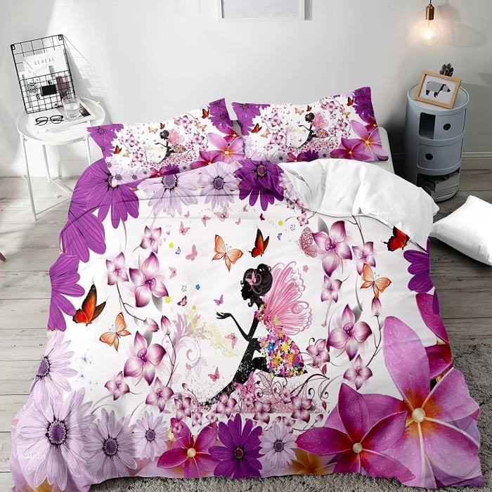 Housse de Couette 200x200 Petite fille fleur violette Imprimee Microfibre Linge de Lit avec 2 x Taie d Oreiller 65x65 cm Cdiscount Maison