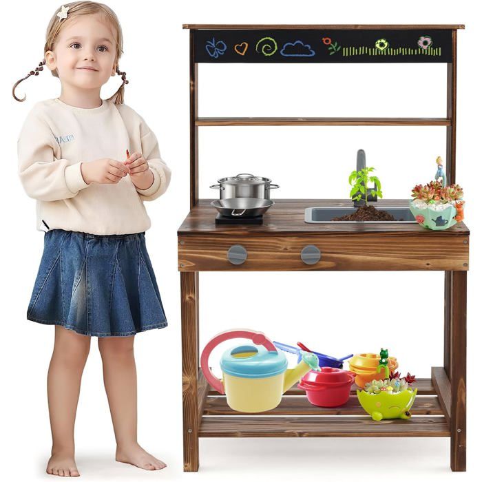 COSTWAY Cuisine Extérieure Enfant Avec Tableau Noir & Auvent & Poêle