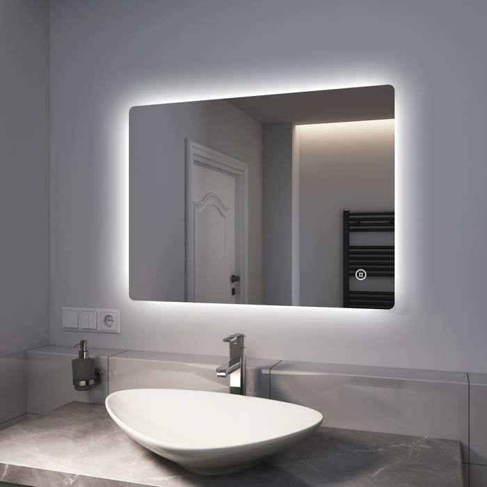 EMKE Miroir de salle de bain LED 60 x 80 cm avec lumière blanche chaude  Miroir mural - Cdiscount Maison