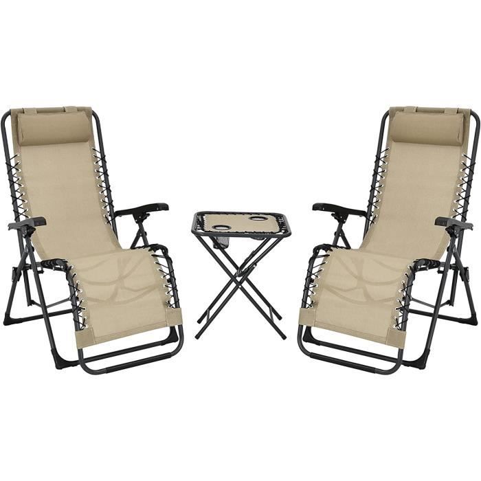 GOPLUS Lot de 2 Chaise Longue Pliante avec 1 Table Pliante Teslin,3Pcs