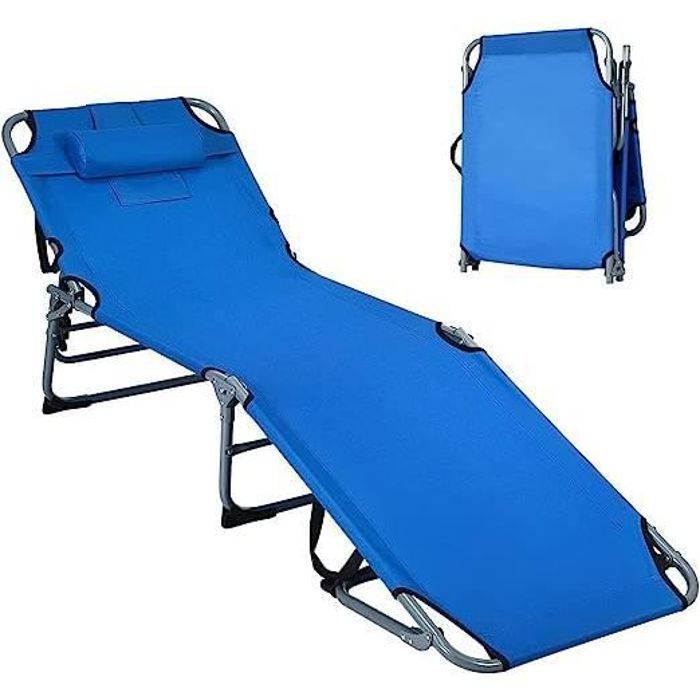 GOPLUS Chaise Longue Extérieur Pliante Transat Jardin Réglable à 5 Positions Bain de Soleil pour Terrasse Plage Bleu