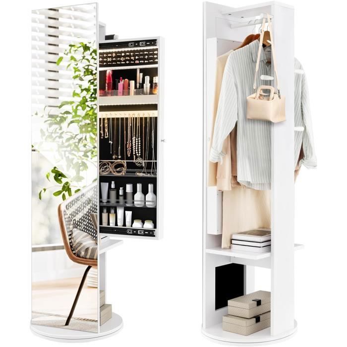 Armoire à Bijoux Avec Miroir Rotatif - 3 étagères, 120 Emplacements Boucles D'oreilles, Verrouillable, Marron - 5