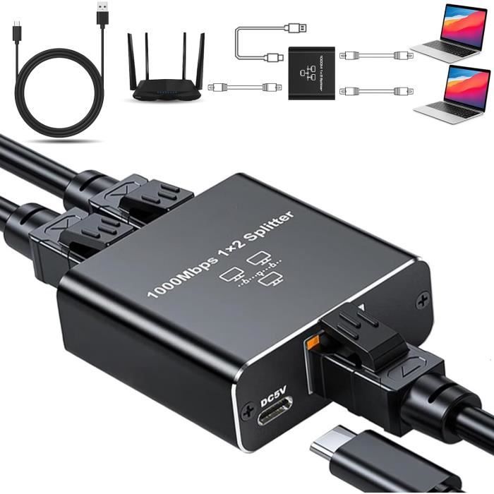 Switch Ethernet 2 Ports Gigabit - Répartiteur 1 Vers 2 - Plug & Play, Alimentation USB-C - Pour PC, TV, Console