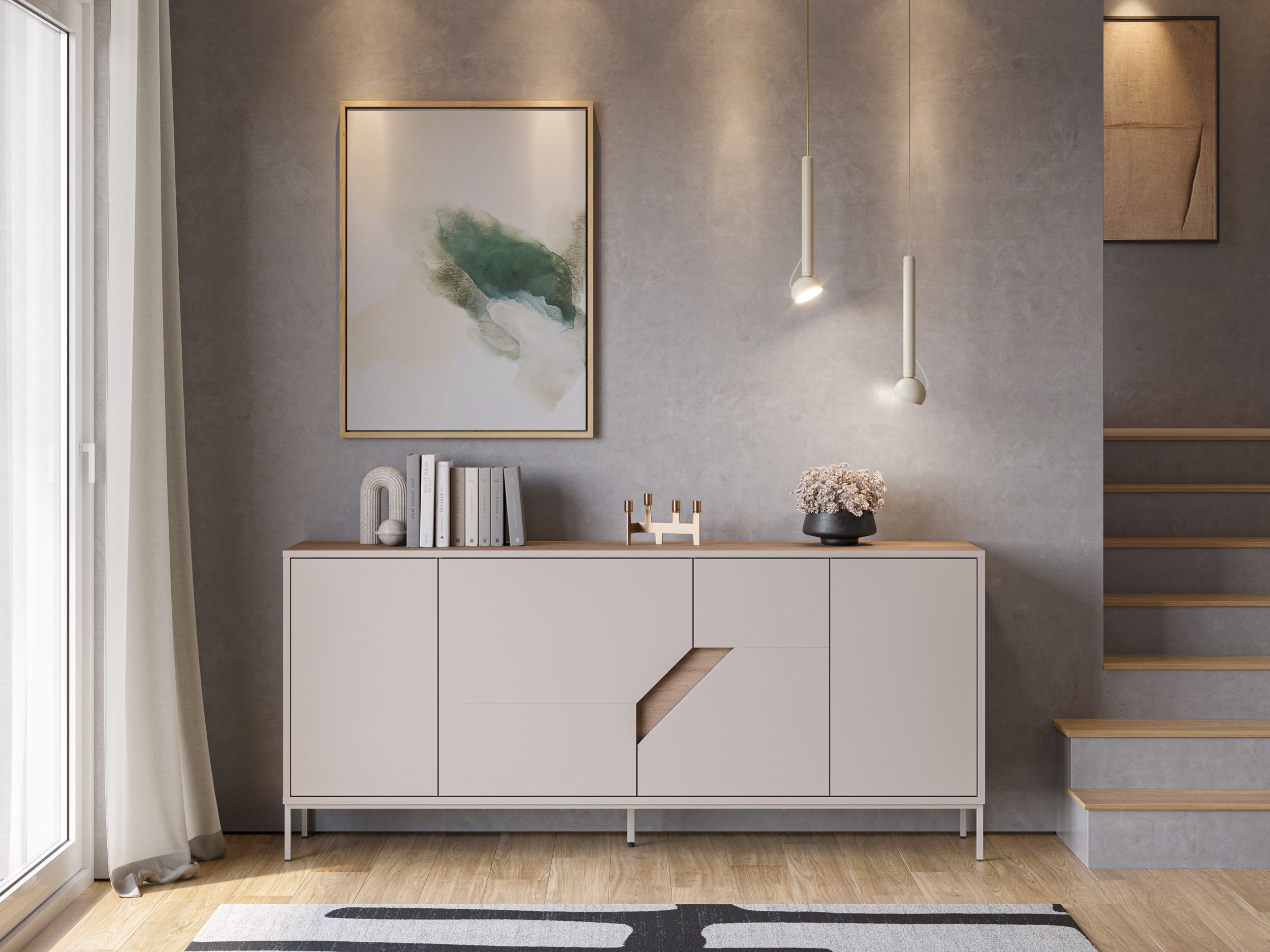 Buffet LILOU - Chêne Artisan & Crème - 4 portes - 180 x 40 x 80 cm