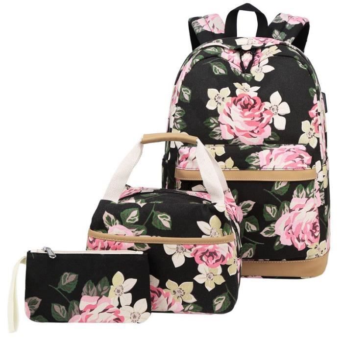 Sac à Dos Enfant 3 En 1 Fleurs Colorées - Inclut Sac à Lunch Et Trousse, Polyester (taille Unique)