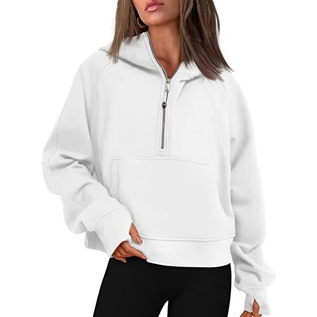 Femme Sweat a Capuche Demi zippe en Polaire Casual Oversize Hoodie Pull Sweatshirt de Sport Blanc