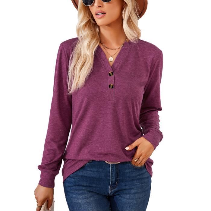 Tee Shirt Femme Top Manches Longues Coton Lin - Col V Boutonné Décontracté Couleur Unie