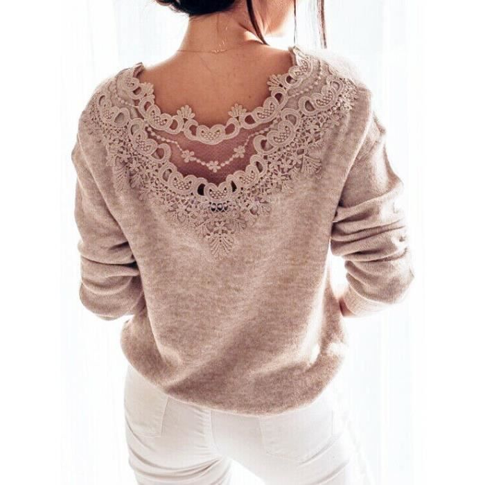 PULL Pull en dentelle a manches longues pour femme vetement Sexy elegant couture dos nu tricote moulant collection automne Blanc Cdiscount Pret a Porter
