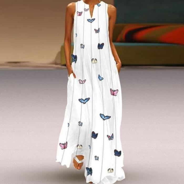 ROBE DE PLAGE Femme Robe longue d contract e col en V imprim e