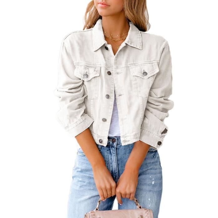 Veste Femme Veste en Jean Mince Manches Longues Automne Decontractee Veste Revers Streetwear Couleur Unie Blanche Blanche Cdiscount Pret a Porter