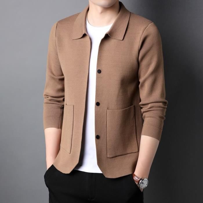 Gilet cardigan Cardigan en tricot a revers pour homme vetement de marque haut de gamme automne hiver mode veste Kaki B70161 Blanc Cdiscount Pret a Porter