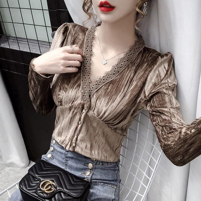 Chemise chemisier brillant manches longues col en V Vintage