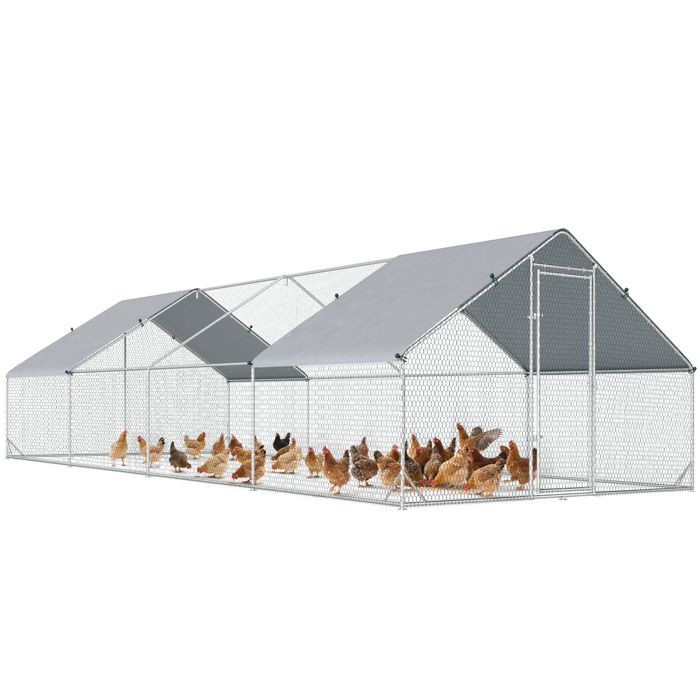 Enclos poulailler - PawHut - chenil volière extérieur 24 m² parc grillagé galvanisé - acier - 3x8x2m - argenté