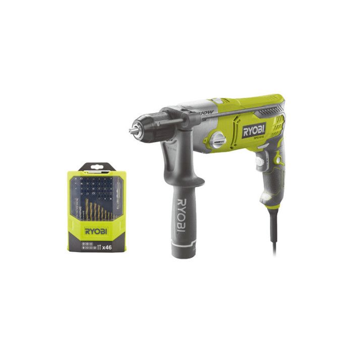 Pack RYOBI Perceuse à percussion RPD1010K coffret de 46 accessoires mixtes RAK46MIX
