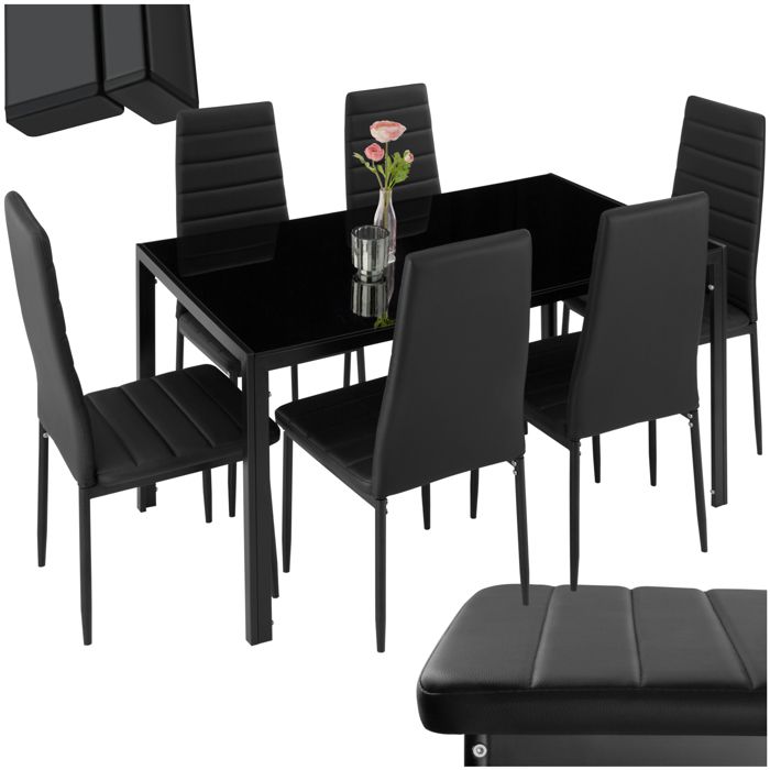 Ensemble table et chaises repas - TECTAKE - Ensemble dîner BRANDENBURG avec 6 chaises rembourrées 130 cm x 70 cm x 75 cm - Noir/Noir