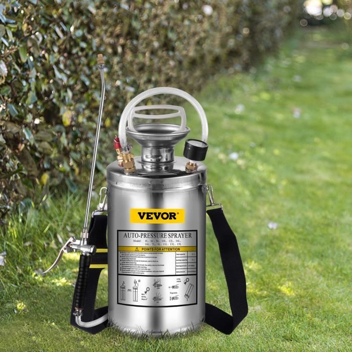 Pulvérisateur de jardin en acier inoxydable VEVOR - À pression préalable - Multi usage - Capacité totale 6 L