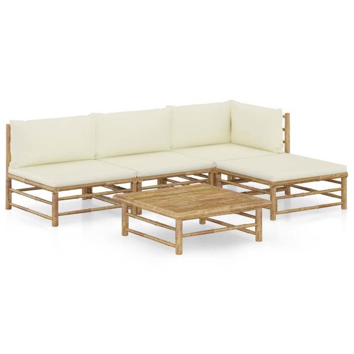 vidaXL Salon de jardin 5 pcs avec coussins blanc crème bambou 3058191