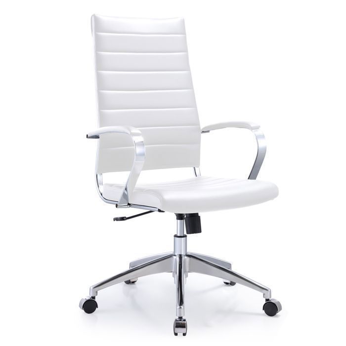 Chaise de bureau design blanche simili cuir – Dossier haut accoudoirs aluminium basculant centré confort pro