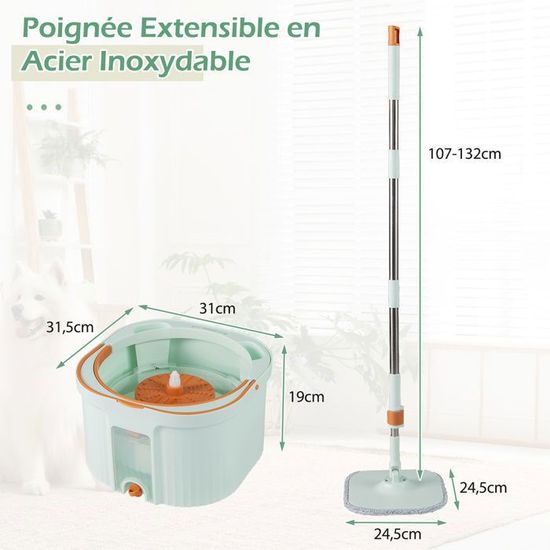 Serpillère Essoreuse 360° Séparation Eau Sgizoku Balai Serpillère Avec Seau, Serpillère Rotative à 360° Avec Système D'essorage Manuel Facile