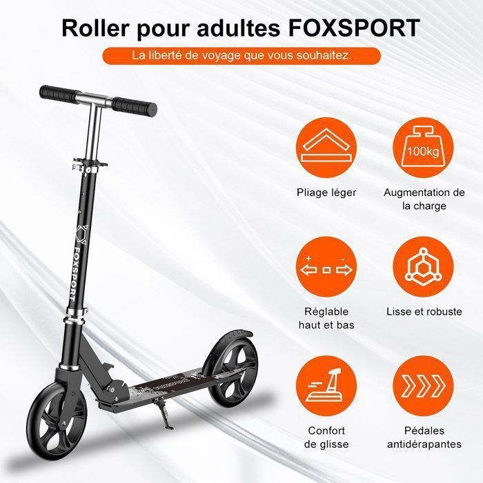 Trottinette Pliable Adulte FOXSPORT - Roues 200 Mm - Hauteur Réglable 94-104 Cm - Charge Max 150 Kg