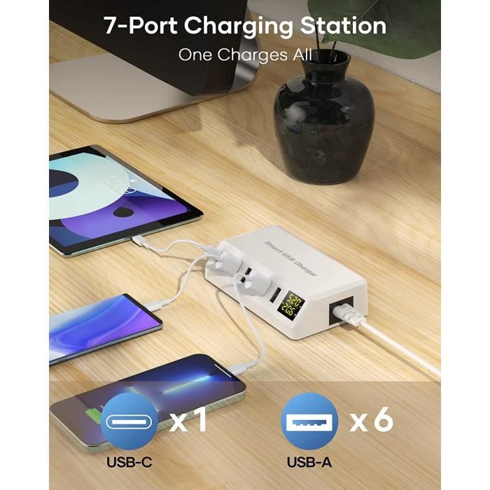 Chargeur USB C, 7-Port Station de Charge avec écran LED, Type C Chargeur  Multi USB 40W Prise Multiple Secteur for iPhone 14 13[970] - Cdiscount  Téléphonie