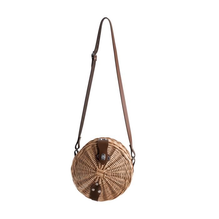 Panier en osier rond avec anses et fermeture en cuir sacs main