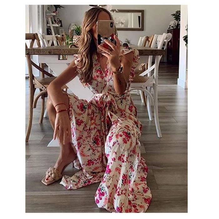Robe Ete Femme Boheme Imprime Bouton Sans Manches Col V Robe De Plage Longue Casual Elegante Irreguliere Maxi Robe Rouge XL