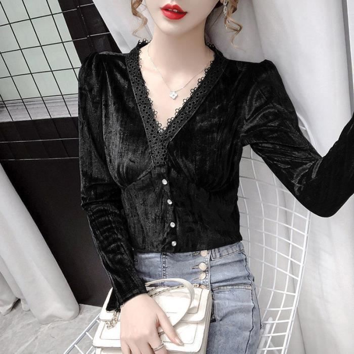 Chemise chemisier brillant a manches longues col en V Vintage femme pulls en dentelle bureau hauts metalliques khaki A1905 Blanc Cdiscount Pret a Porter