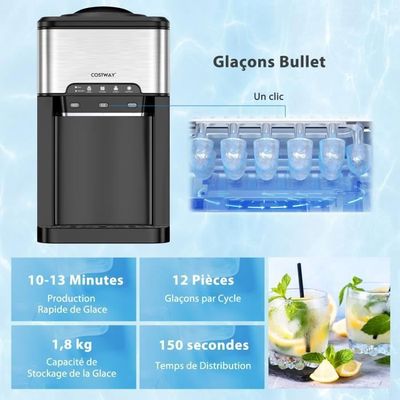 Machine à glaçons portable 1.2L, Fabrication rapide, autonettoyante et silencieuse, Idéale pour fêtes et maison, Blanc, Silonn