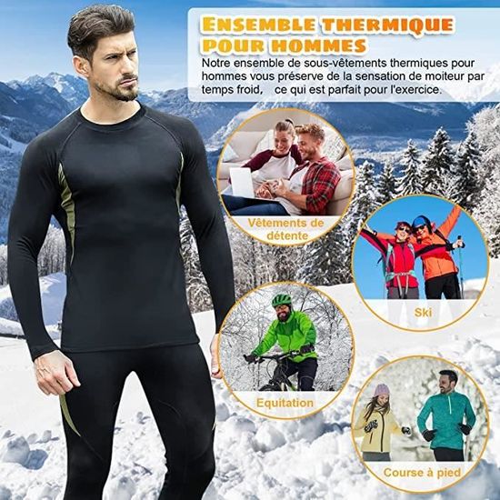 Ensemble de sous vetements thermiques homme Marque Noir Sports d hiver Respirant Manches longues