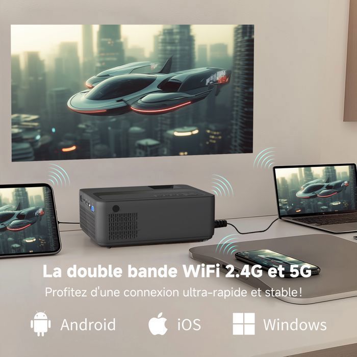Projecteur 4K Mini Portable 300 Pouces - Wi-Fi 5G & Bluetooth 5.2 - 16000 Lumens - Compatible Smartphone, PC, Console - Home Cinéma Facile