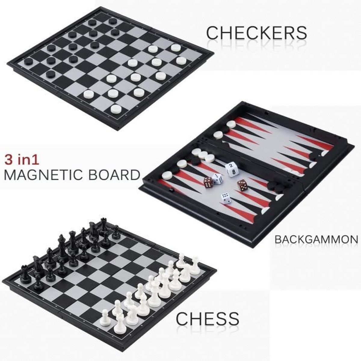 Backgammon Dames Jeu d'échecs 3 en 1 Magnétique avec échecs pour Les Enfant et Adultes L 25x25 CM Pliable Echec Dames Backgammon 