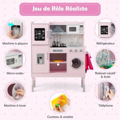 DREAMADE – Cuisine Enfant Avec Accessoires – Lumières, Sons – Four, Micro-ondes, Machine à Glaçons – 90x90 Cm – Dès 3 Ans – Cadeau