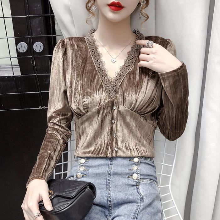 Chemise chemisier brillant a manches longues col en V Vintage femme pulls en dentelle bureau hauts metalliques khaki A1905 Blanc Cdiscount Pret a Porter