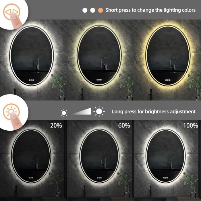 Miroir Salle De Bain LED Avec Anti-buée - 50x70cm, Cadre Noir Arqué - 3 Couleurs Lumière, Dimmable, Mémoire - IP44 - 7