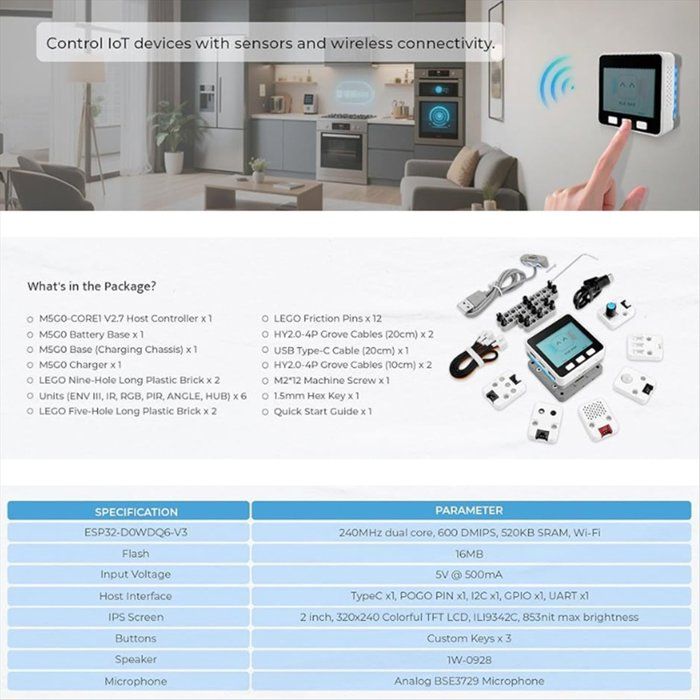 Derte Iot Module Pour M5GO IoT Kit V2.7 avec ESP32, Plusieurs Modules, Capteurs et ...