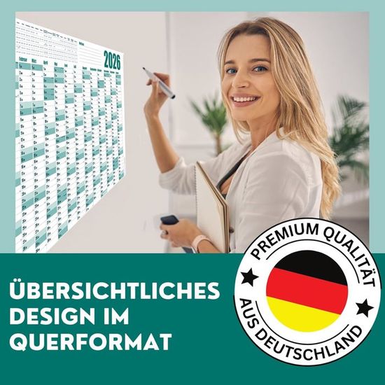 PACKLIST® Calendrier Mural 2026, Grand, XXL, Format A1, 84 X 60 Cm, Calendrier Annuel 2026, Plié Dans La Taille D'un Poster, Format Paysage, 100% Emballage Papier, écologique