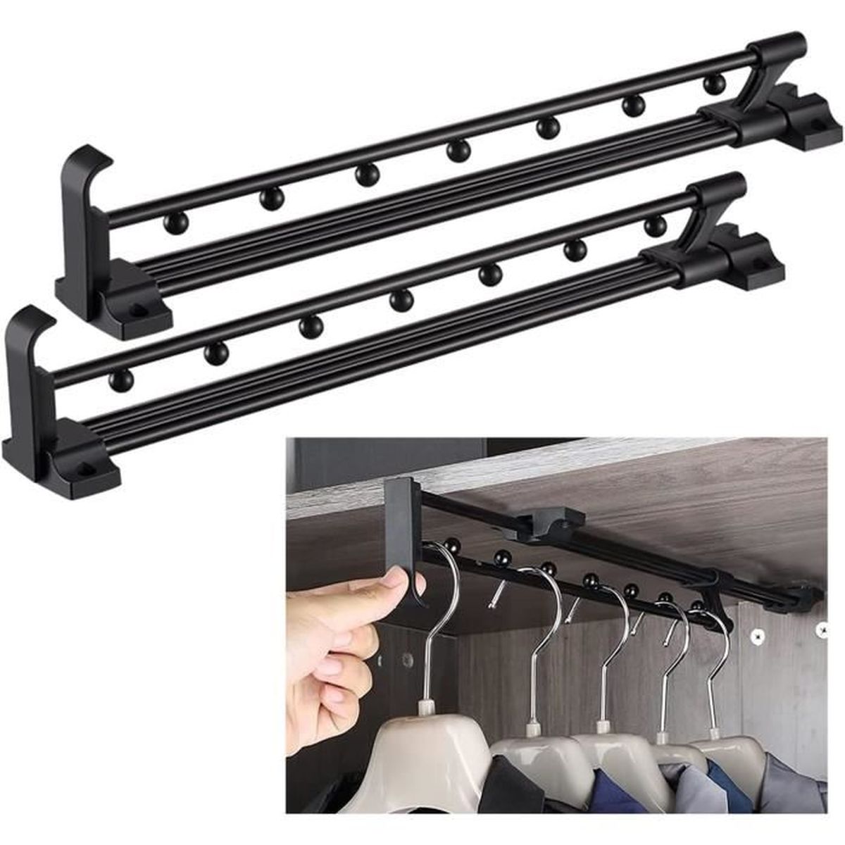 Tringle à Pantalon Escamotable 350mm - Coulissante, Acier, Charge 25kg - Pour Armoire Et Rangement