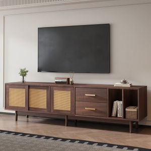Meuble TV Avec Portes Coulissantes – Style Rétro Brun – Pour TV Jusqu’à 65 Pouces – Rangement 3 Niche + 1 Plateforme