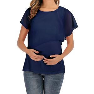 CHEMISIER - BLOUSE Haut de t-shirt d'allaitement de maternité à manches courtes et col rond d'été Bleu foncé